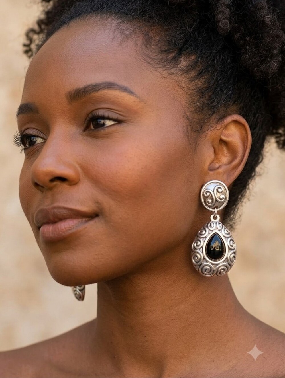 Boho Southwestern Ornate Scroll Black Onyx Drop Earrings